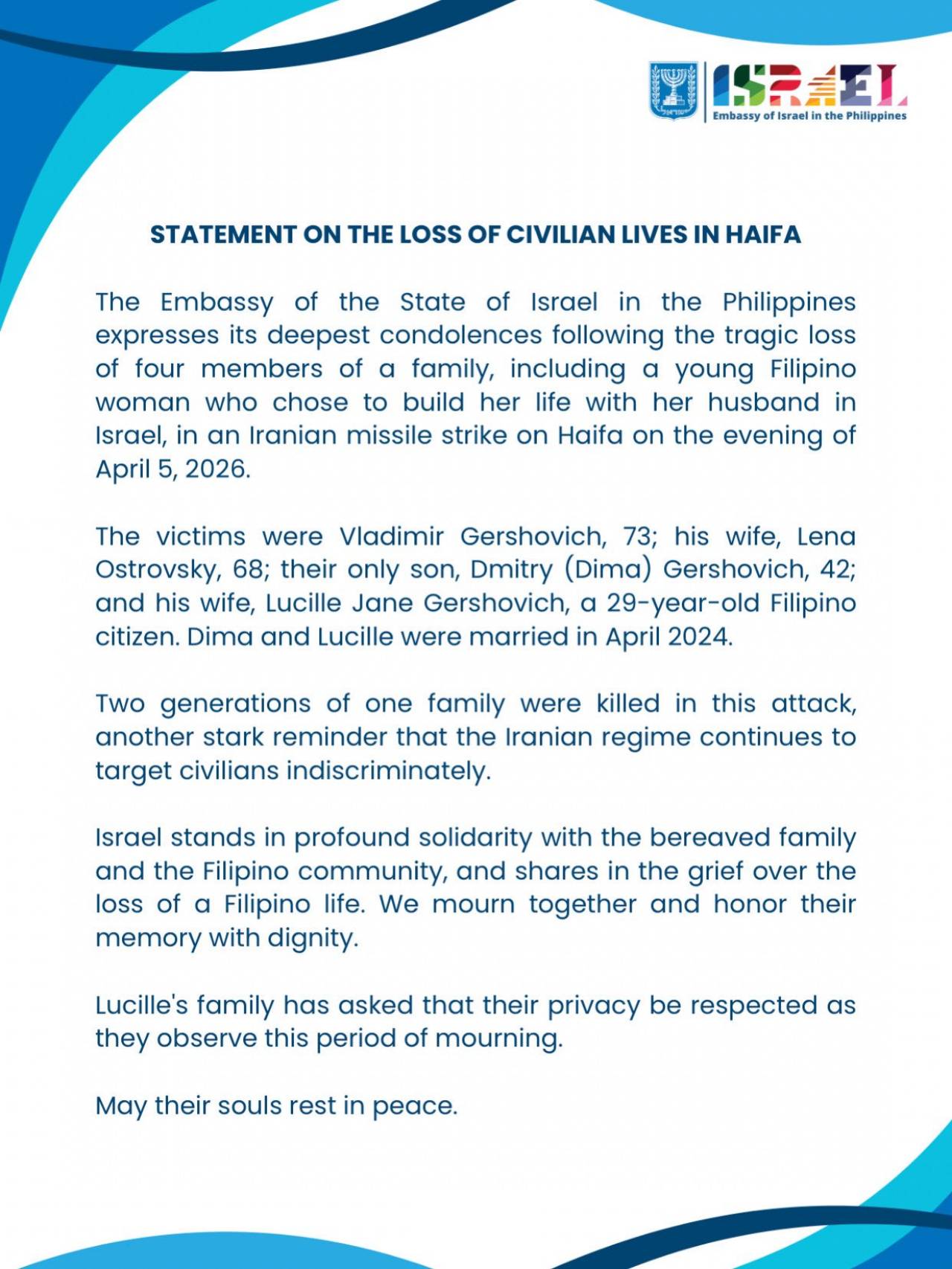 Another Filipina Killed Missile Attack PBBM Israel Embassy Extend Support